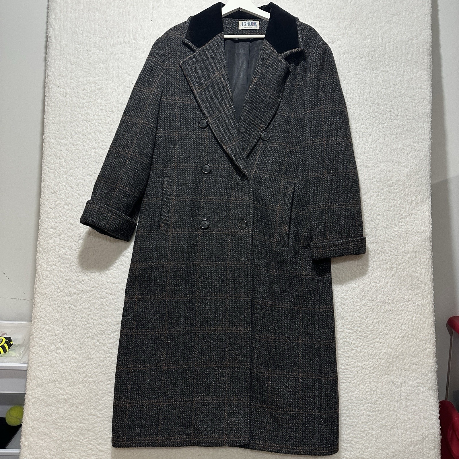 Vintage J.G.Hook Plaid Gray Double Breasted 100% Wool Coat Size L, Xl? Usa Made